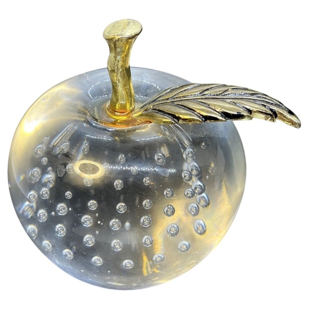 Vintage Art Glass Clear Apple Bullicante Controlled Bubble Paperweight 